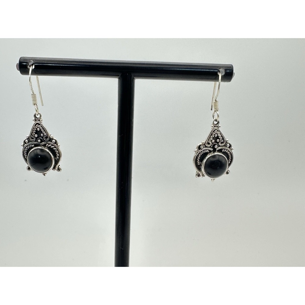 Vintage 925 Sterling Silver Black Onyx Dangle Earrings Ornate Filigree Boho Drop